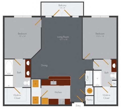 Floor plan for 2 beds, 2 baths, 1136 sqft